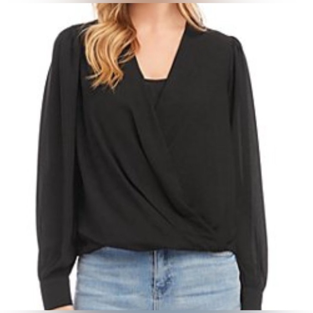 Pleione Black Surplice Faux Wrap Top 3/4 Roll tab Sleeve High Low Blouse, Size S